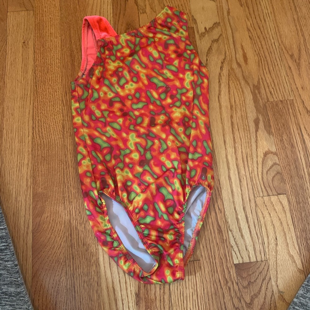 Orange and Green patterned Gymnastics Leotard